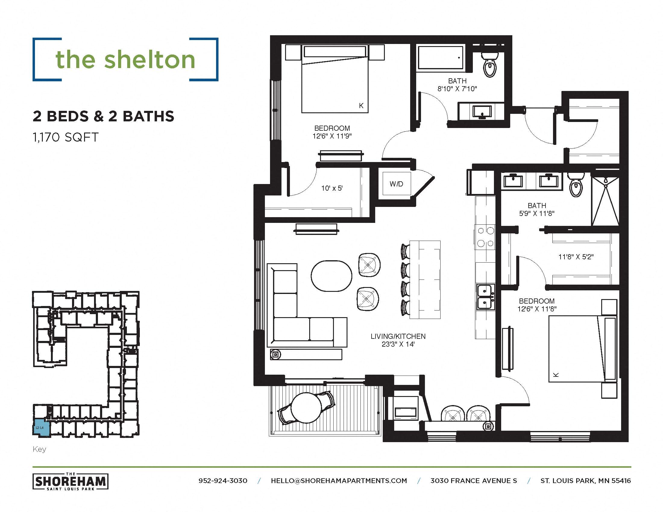 Floor plan for 2 beds, 2 baths, 1170 sqft